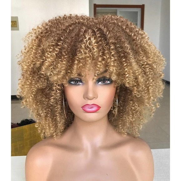 Afro Kinky Curly Short Wig With Bangs Blonde